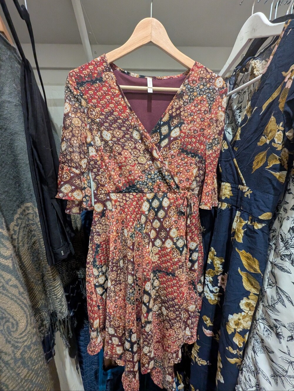 Xhilaration Burgundy Red Floral Wrap Dress